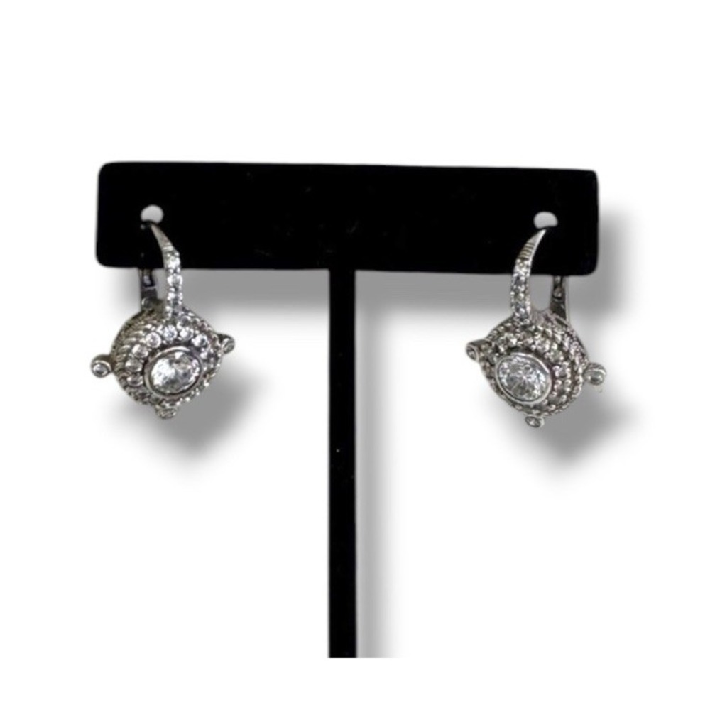 Judith Ripka Sterling Silver 925 Pave CZ Dangle Earrings Omega Back Art Deco SS